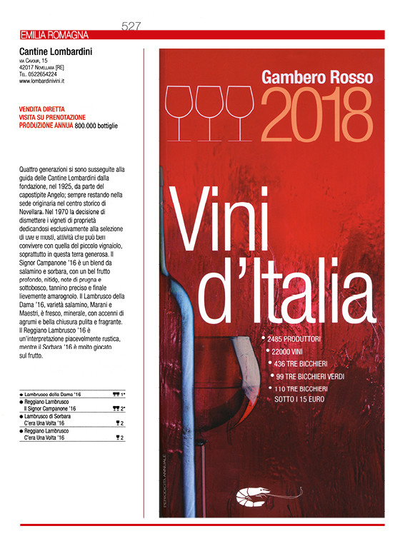 Cantine Lombardini sulla Guida Vini d’Italia 2018 del Gambero Rosso